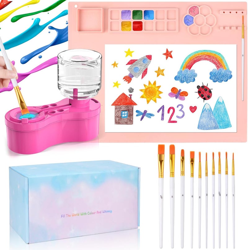 Mikiwon Painting Station, Paint Brush Cleaner and Silicone Art Mat 20"X16" with 10 Paint Brushes, Paint Brush Rinser, Art Supplies Set (Pink) - Image 1